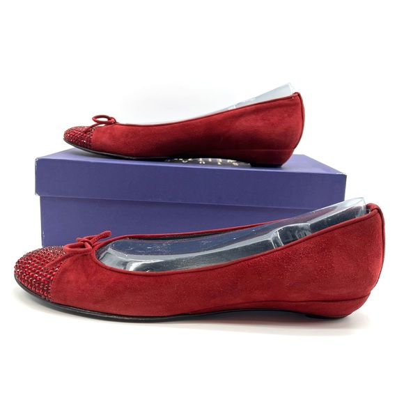Stuart Weitzman Suede Ballet Flats Sz 8 N Scarlet Bow Rhinestone Bling Slipper - Picture 4 of 12